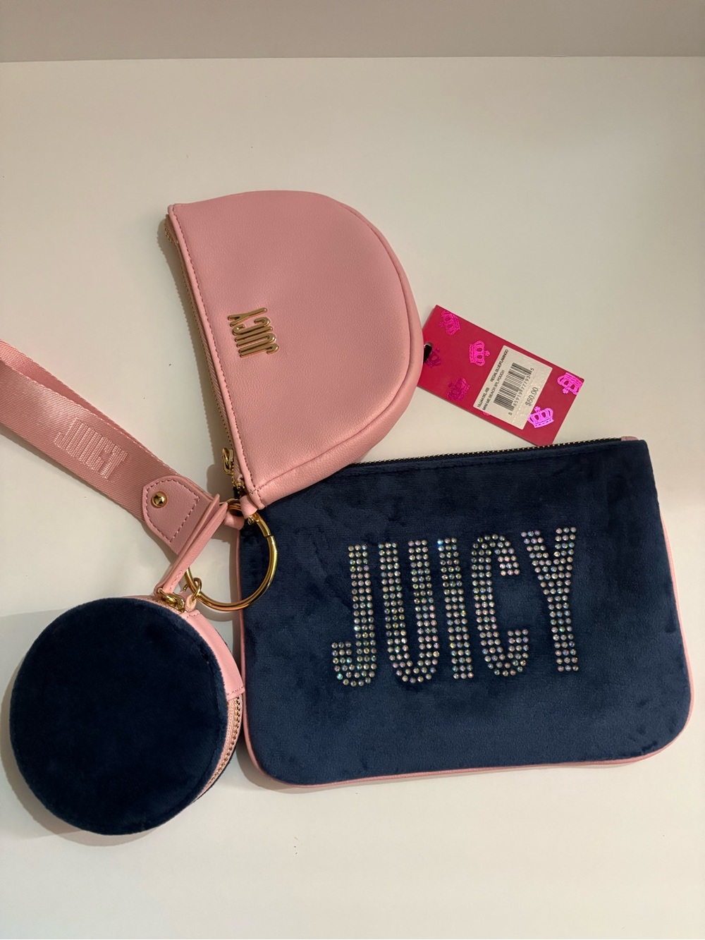 Juicy Couture Navy and Pink Crystal Logo Wristlet Trio